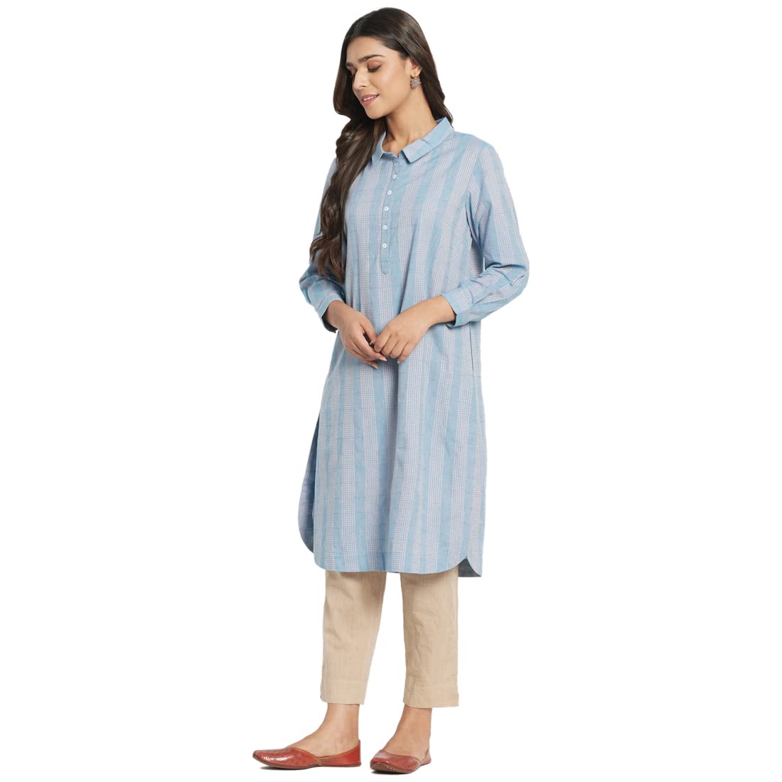 Fabindia Women Woven Knee Length Kurta Cotton_Blue