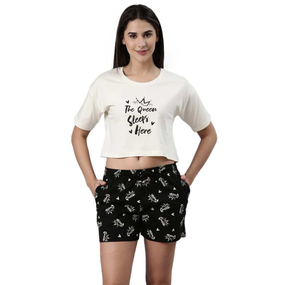 Pepe Jeans Cotton Knee Length Crop T-Shirt And Shorts Night Wear For Women Relaxed (Wstsp03-02_White_M)