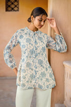 Soch Womens Beige Georgette Floral Print Ruffle-Neck A-Line Tunic