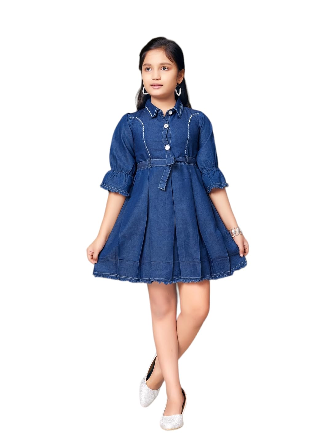 Aarika Girls Navy Blue Colour Solid Denim Middi with Belt (3-11 Years)