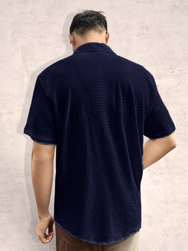 Tee Projekt Mens Popcorn Shirt Texture Pattern Mens Casual Shirt Half Sleeves Goa Beach Summer Shirt Navy Blue