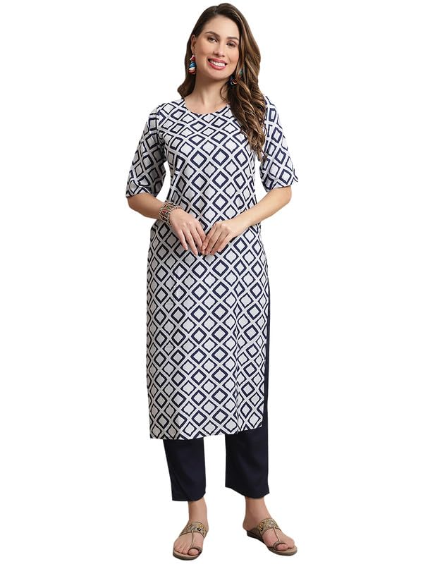 Pinkmint Kurta Set for Women Cotton Printed Knee Length Straight Round Neck Kurti with Pant (Pack of 1)