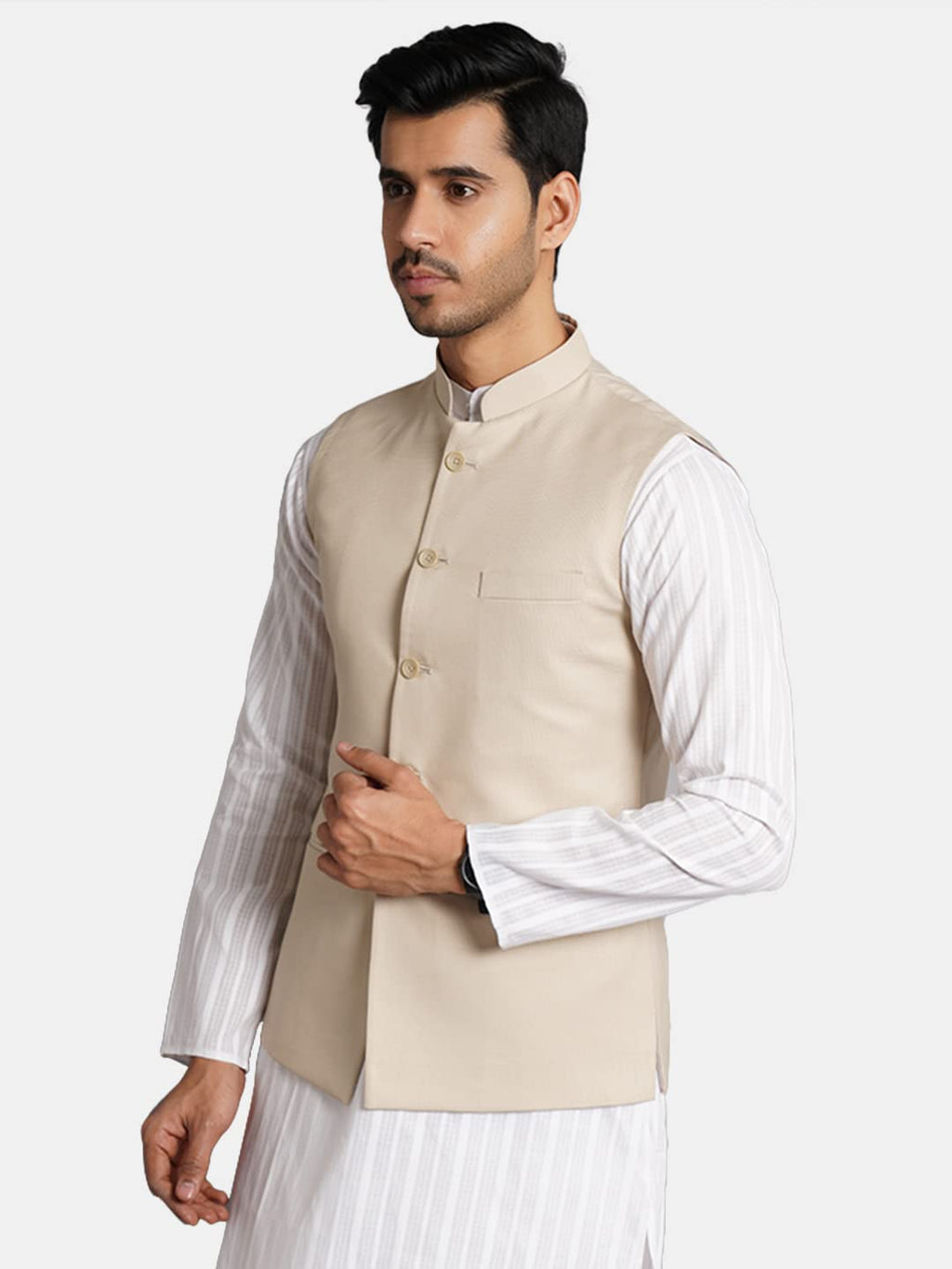 Wintage Poly Viscose Beige Solid Modi Nehru Jacket: Medium