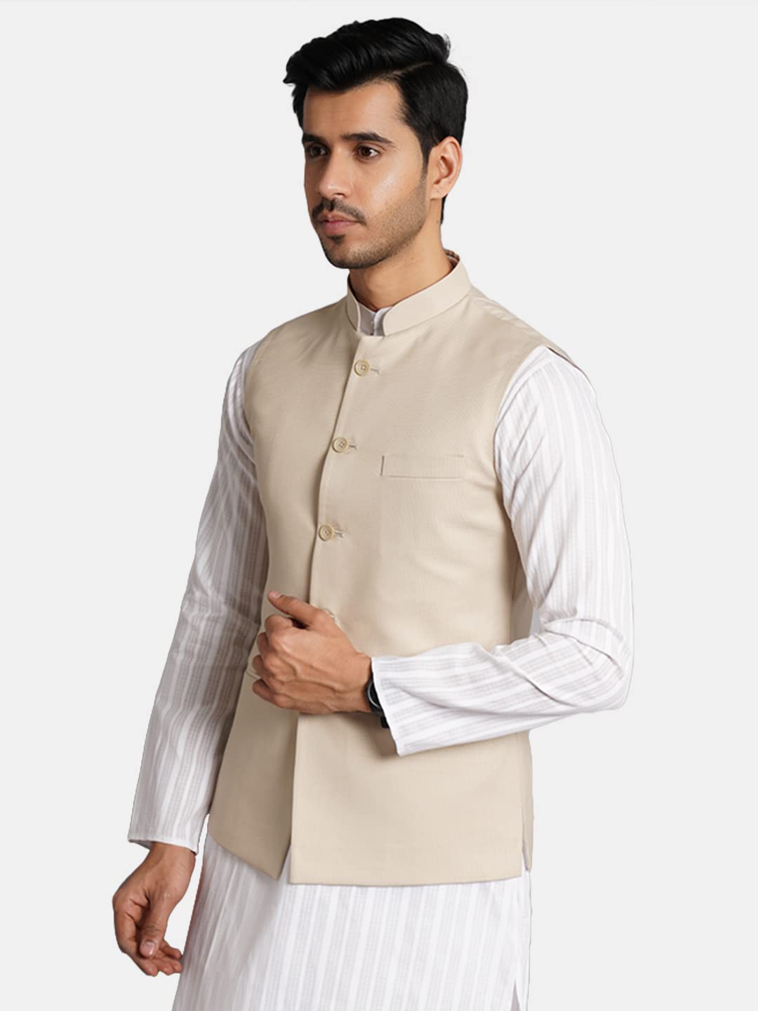 Wintage Poly Viscose Beige Solid Modi Nehru Jacket: Medium