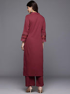 Varanga Women Maroon V Neck Three Quarter Sleeves Cotton Lace Straight Kurta With Tonal Bottom - Casual Ethnic Suit Set For Wome