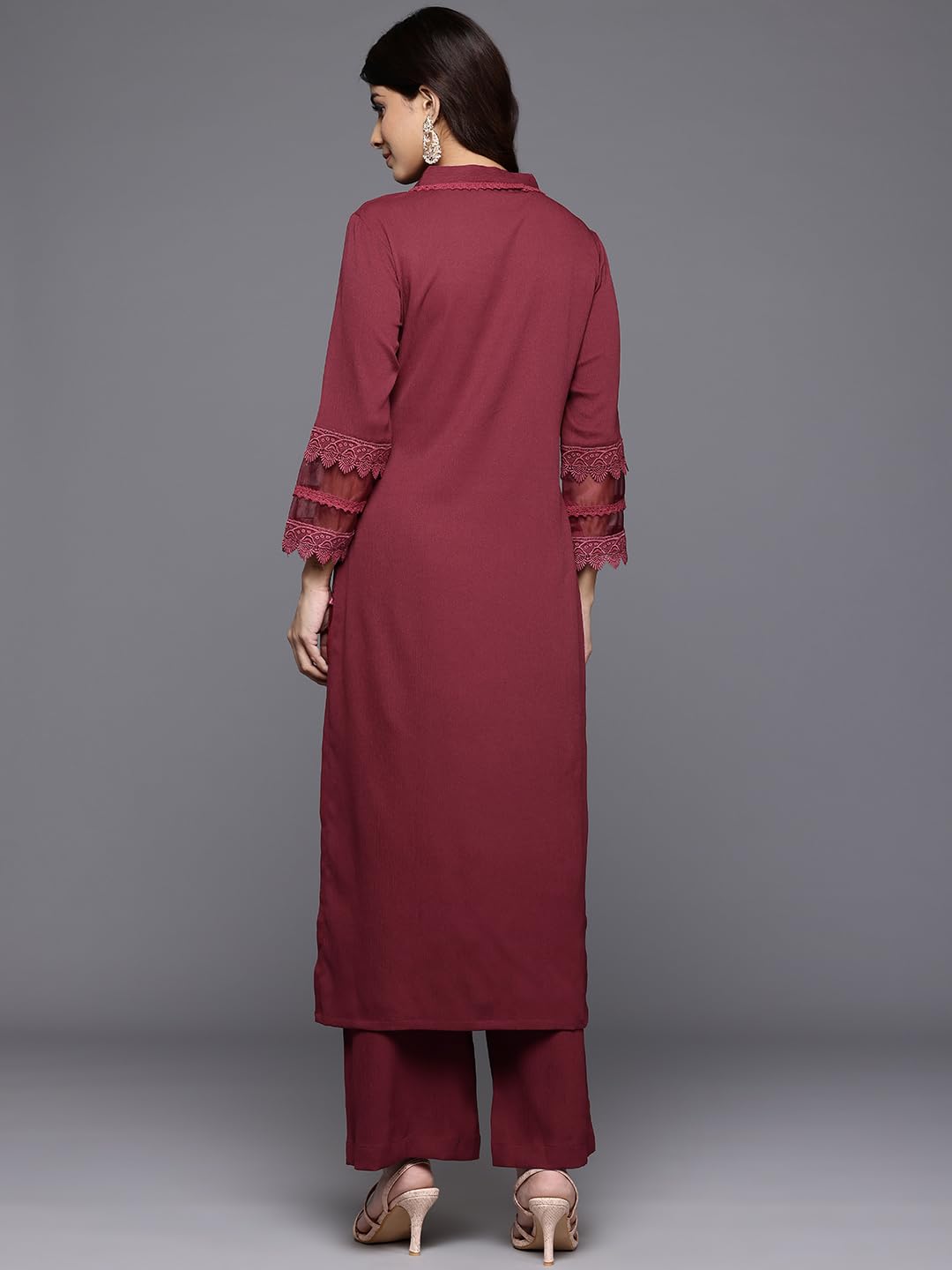 Varanga Women Maroon V Neck Three Quarter Sleeves Cotton Lace Straight Kurta With Tonal Bottom - Casual Ethnic Suit Set For Wome