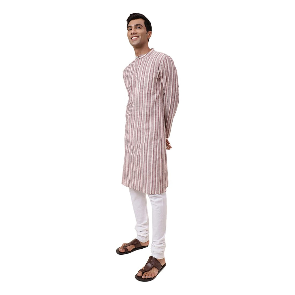 Fabindia MenS Cotton Printed Comfort Fit Kurta (1032008Natural- White-Maroon