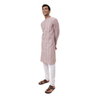 Fabindia MenS Cotton Printed Comfort Fit Kurta (1032008Natural- White-Maroon