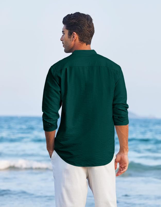Macsivo Cotton Blend Solid Casual Short Kurta For Men Long Sleeve Mandarin Collar Stylish Shirt Kurta For Men Green