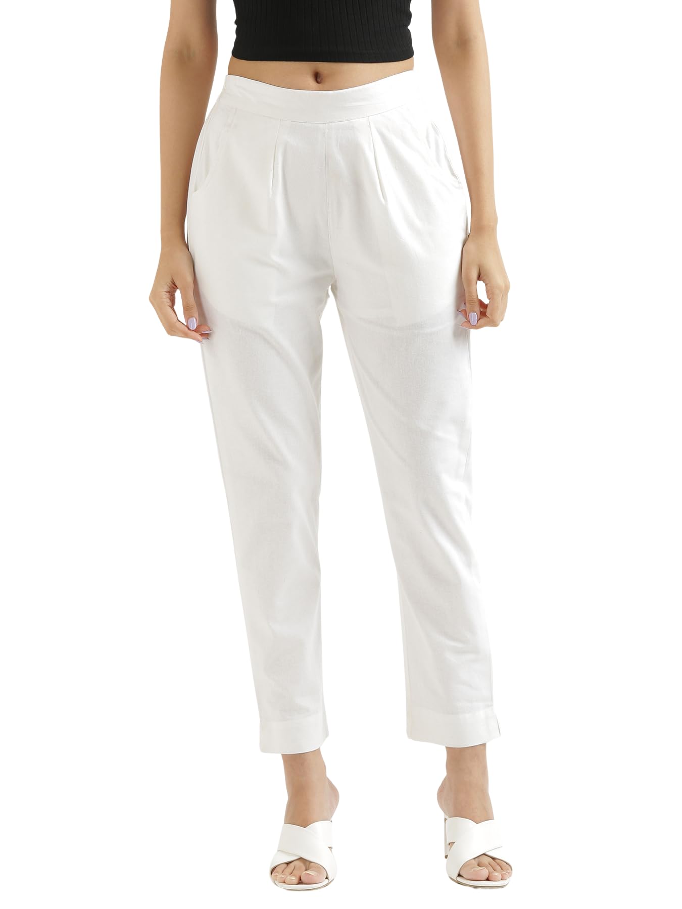 Digital Shopee Women Regular Fit Elastic Waist Full Length Cotton Formal Trouser For Casual Wear, Office Wear White