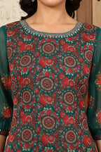 W For Woman Green Floral Printed Dori Embroidered Chiffon Kurta With Attached Lining