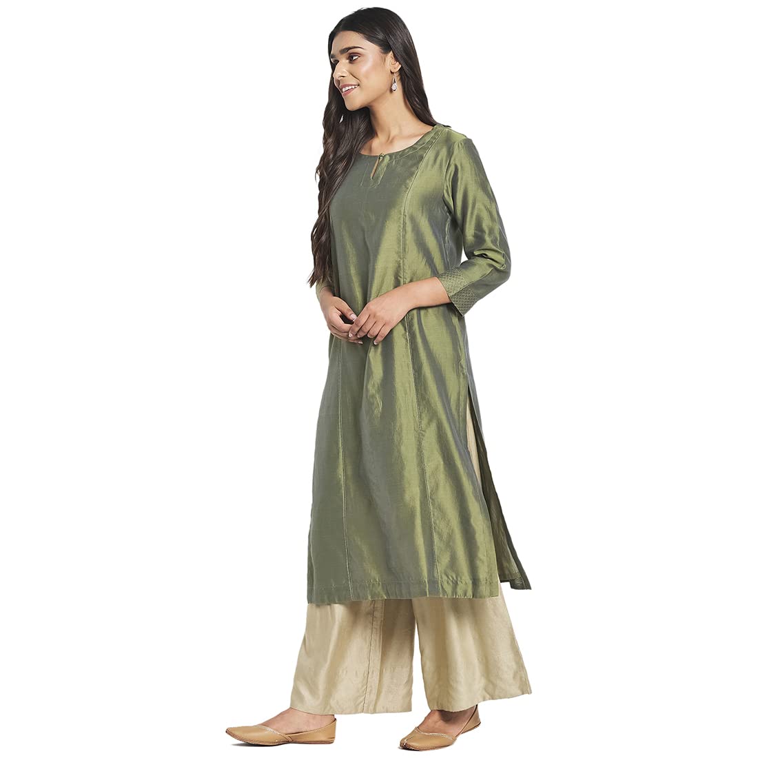 Fabindia Women Cotton Silk Embroidered Long Kurta Green