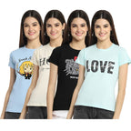 Preneum Womens Cotton Regular Fit Latest Graphic Stylish Printed Short Sleeves Casual T-Shirt || Trendy (Pack 4), Blue & Beige 