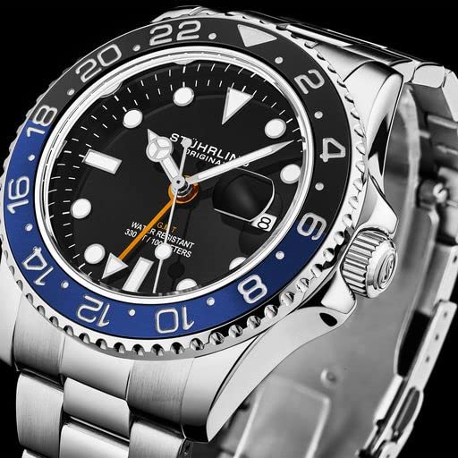 Stuhrling Original Men's Watch Stainless Steel Triple Row Bracelet Dual Time Date with Screw Down Crown