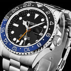 Stuhrling Original Men's Watch Stainless Steel Triple Row Bracelet Dual Time Date with Screw Down Crown