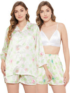 Clovia Womens Satin Emoji Print 3 Piece Nightwear Set (LS0666E18_Green_XXL)