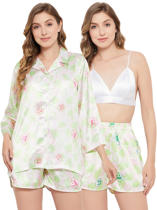 Clovia Womens Satin Emoji Print 3 Piece Nightwear Set (LS0666E18_Green_XXL)