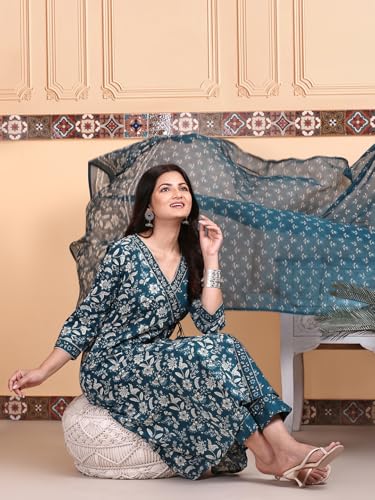 Ishin Indigo Floral Printed Angrakha Tie-Up Kurta With Pants And Printed Dupatta | Kurta Set For Women | Kurta With Trousers And