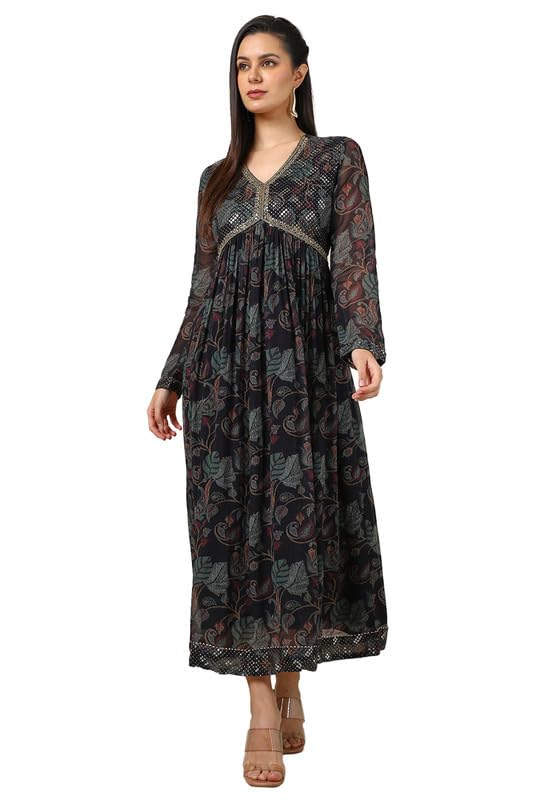 Soch Women Chinon Botanical Print Dress with Stones and Sequins