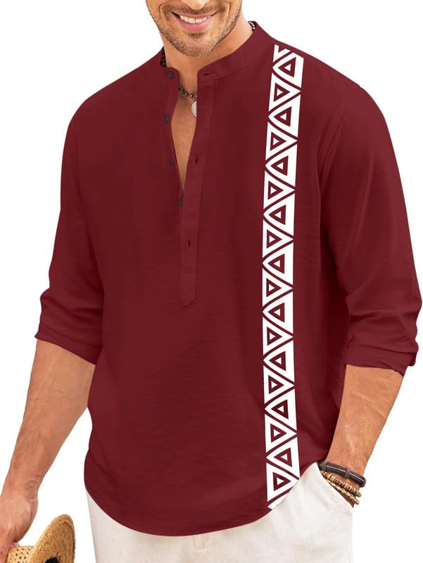 Finivo Fashion MenS Short Kurta With Printed Geometric Side Panel | Cotton Blend Full Sleeve Ethnic Topwear With Mandarin Collar