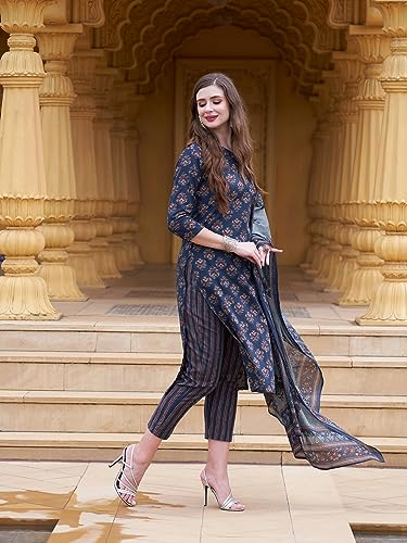 ANNI DESIGNER Womens Cotton Blend Straight Printed Kurta with Pant (Bagwara Blue_L_Blue_Large)