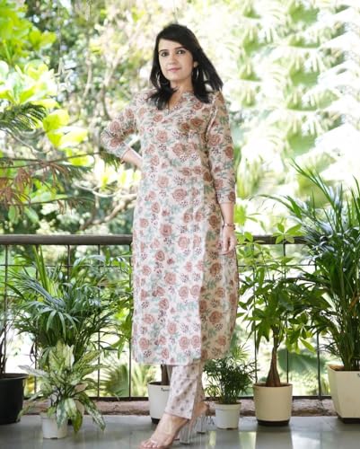 ANNI DESIGNER Womens Cotton Blend Straight Printed Kurta with Pant (Wide Cream_XL_Cream_X-Large)
