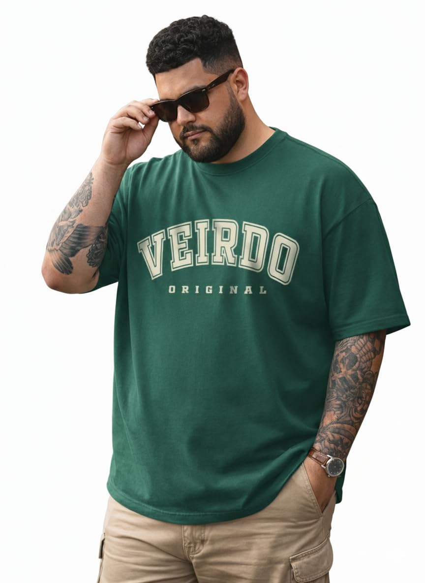 Veirdo 100% Pure Cotton Oversized Fit Drop Shoulder Aesthetic Front Chest Typo Graphic Printed TShirt For Men (Sizes : 2Xl To 5 5