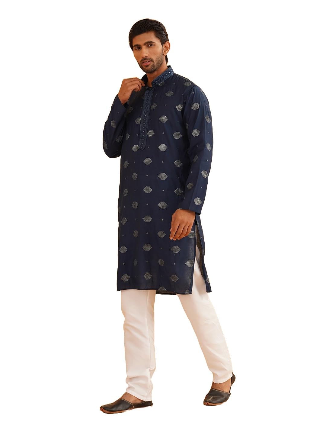 SOJANYA (Since 1958 Mens Cotton Silk Sequinned Embroidered Navy Kurta With White Pyjama
