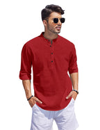 Hemrin Men Solid Cotton Blend Straight Kurta Shirt Maroon