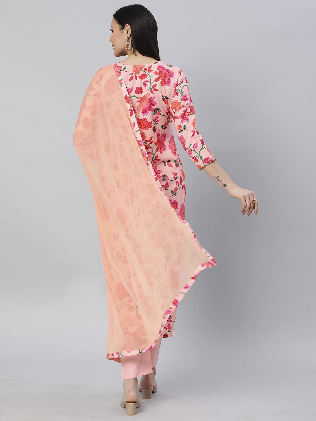 ANNI DESIGNER Womens Cotton Blend Printed Straight Kurta with Pant & Dupatta (Water-Peach_S_Peach_Small)