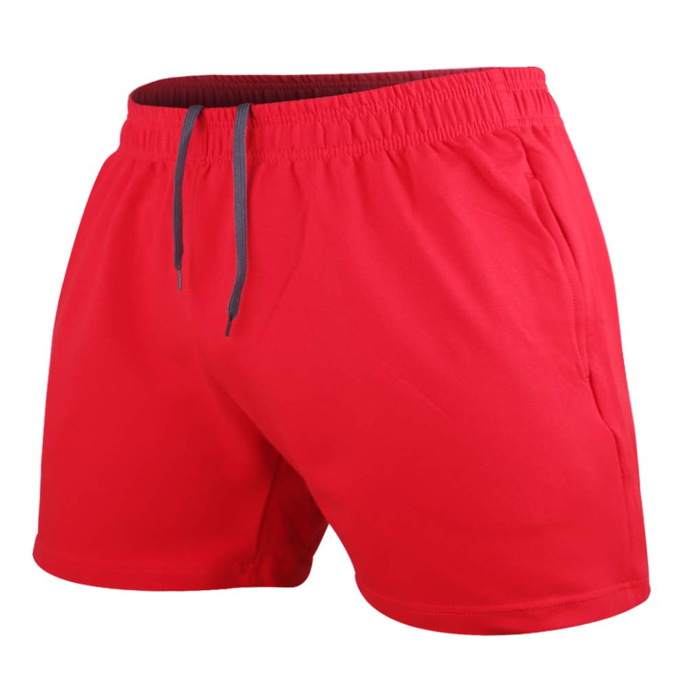 Men's Bodybuilding Workout Gym Shorts 5 Inseam Sports Cotton with Pocket Red Color Size L