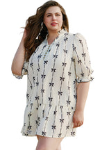 Apricot Bow Printed Puff Sleeve Ruffled Plus Size Mini Dress
