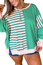 Green Stripe Colorblock Patchwork Side Slit Plus Size Sweatshirt