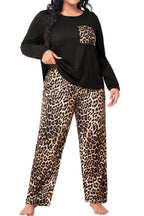 Black Leopard Patched Pocket Long Sleeve Top Plus Size Pants Set