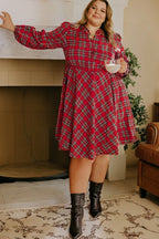 Red Plus Size Plaid Half Button Long Sleeve Holiday Dress