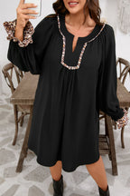 Black Plus Size Notched Neck Leopard Trim Flounce Long Sleeve Shift Dress