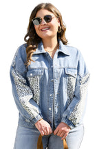 Beau Blue Leopard Patchwork Flap Detail Plus Size Denim Jacket