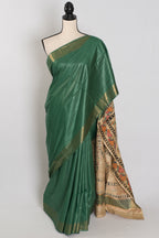 Bina : Dark Green Staple Tussar Saree | Hand-Painted Madhubani Pallu