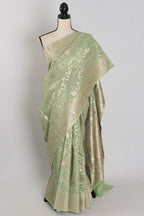 Mohini: Sea Green & Gold Jamdani Banarasi Saree | Cotton Silk Fusion