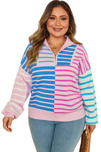 Sky Blue Stripe Colorblock Patchwork Plus Size Half Zip Sweater