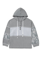 Gray Mixed Waffle Knit Patchwork Henley Plus Size Hoodie