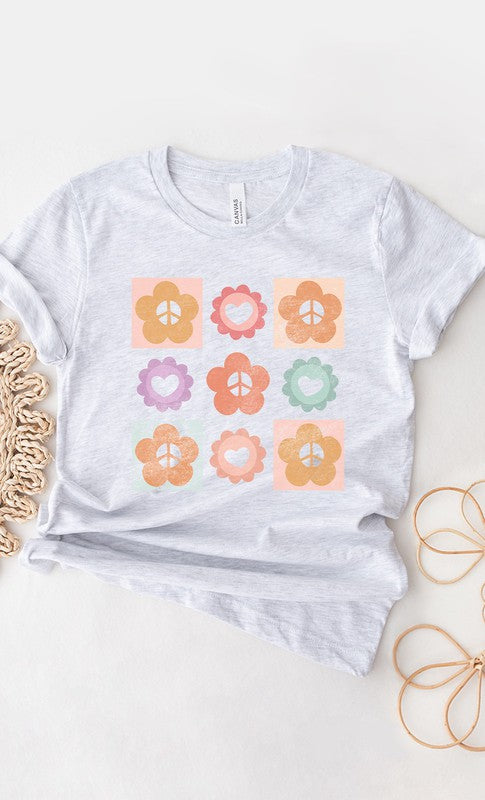 Peace Flower Power Grid Spring Graphic Tee T-Shirt
