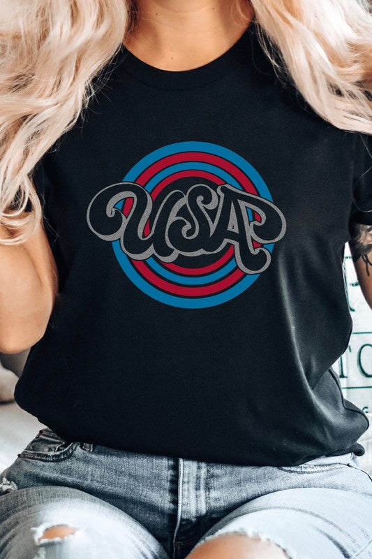 USA Patriotic Blue Red Circles July Graphic Tee T-Shirt