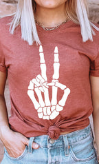Skeleton Peace Sign Graphic Tee T-Shirt