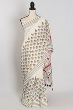 Sandhi: White & Black Contemporary Printed Mulmul Cotton Saree