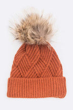 Raised Knit Raccoon Fur Pom Beanie