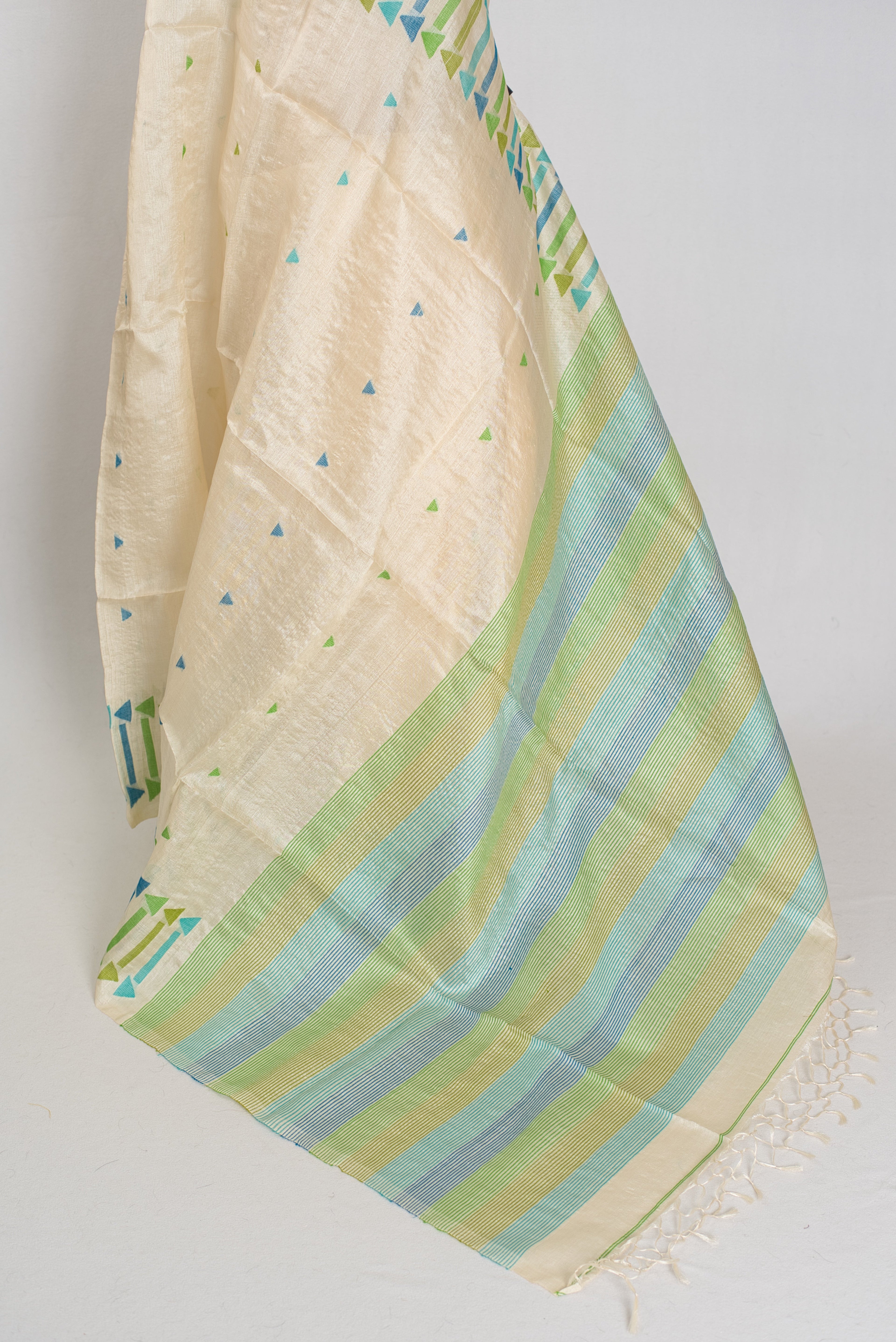 Rini: Cream Tussar Silk Saree with Blue & Green Motifs | Silk Mark Certified
