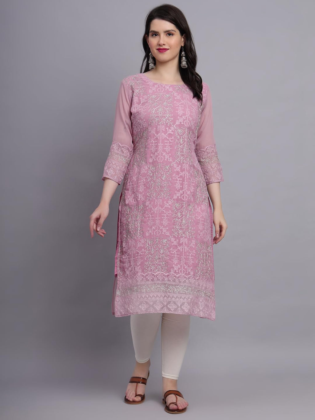Vairagee WomenS Georgette Straight Cut Round Neck Kurta With Beautiful Lucknowi Chickenkari Work (1605)