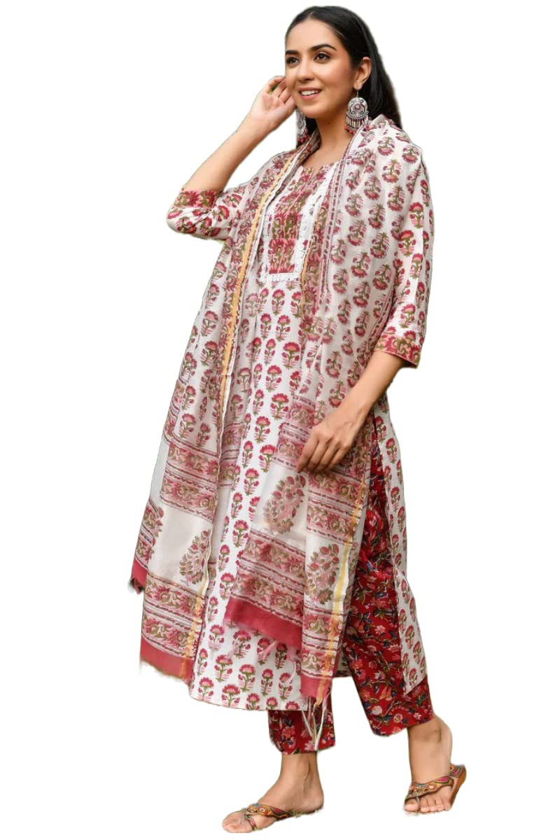 Gosriki Women'S Cotton Blend Straight Printed Kurta With Pant & Dupatta (White-Bone-Gs_Xl_White_X-Large)