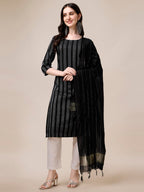 Fashion Basket Women Cotton Striped Printed Kurta Set With Pant & Dupatta (Small, Black-1)